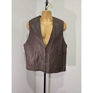 Western Biker Brown Leather Vest Mens Large Zip Front Canvas Back Pockets Cowboy